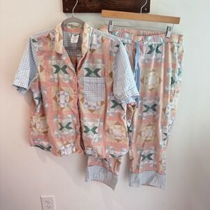 Lands End Patchwork Quilt Gingham Cotton Pajama Set Large Petite